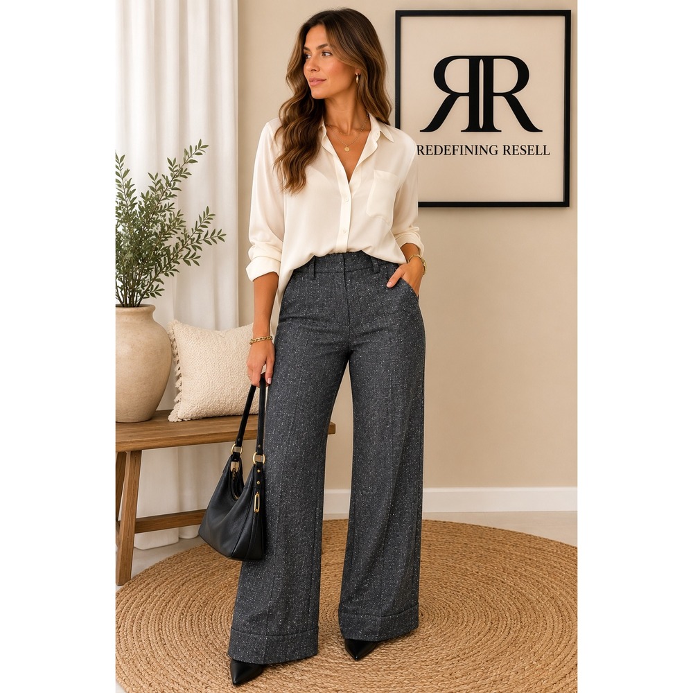Cabi 230 Women Charcoal Grey Speckled Wide Leg Cuffed Trousers Pants Sz 8